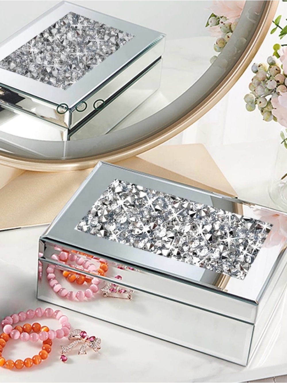 Mirrored Jewelry Box with Sparkling Crystal Top - Silver